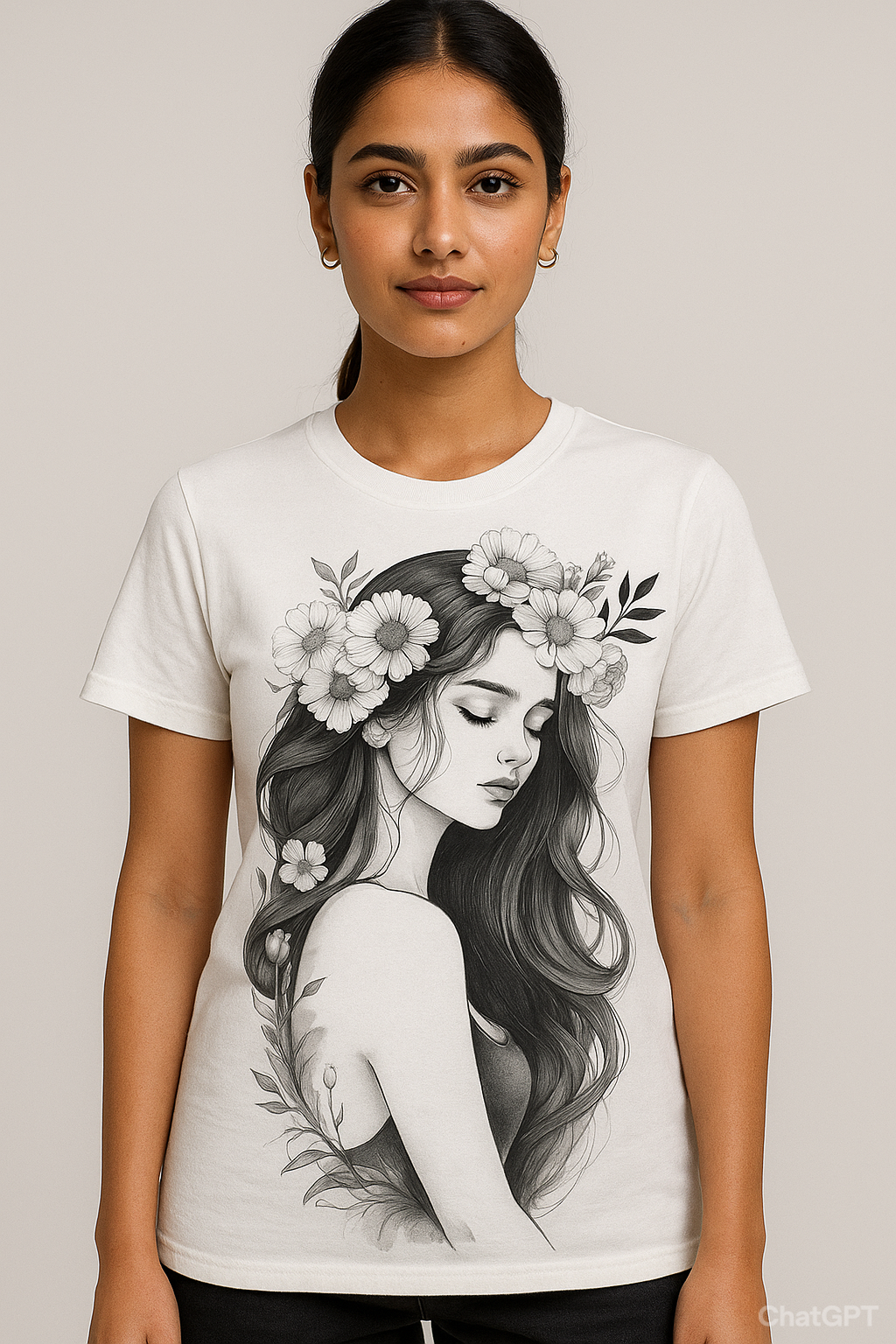 Woman with Flower on Head – Graceful Charm Tee