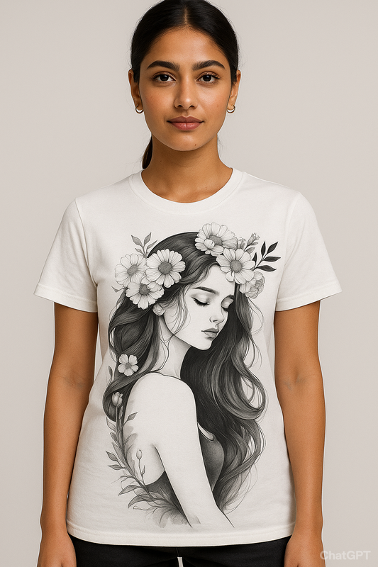 Woman with Flower on Head – Graceful Charm Tee